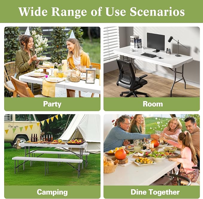 MEI&CO 6ft Heavy-Duty Outdoor Folding Table for 6 - Sturdy HDPE Top, 350lbs Capacity, Foldable Lockable Design, No Assembly - Camping Parties Picnics (White)
