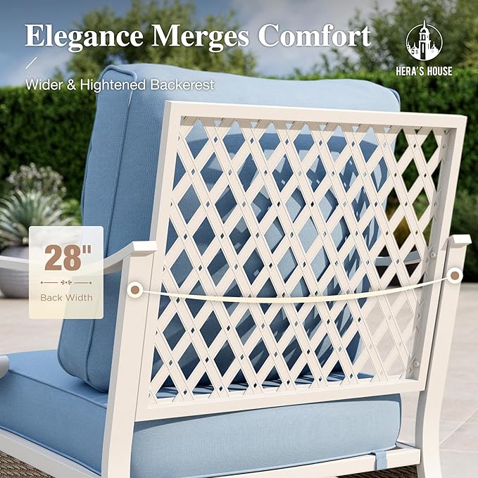 HERA'S HOUSE 5 Piece Metal Patio Furniture Set, 7 Seats All Weather Outdoor Conversation Set, 3 Seat Sofa with Loveseat, 2 Swivel Chairs, Coffee Table for Backyard, Garden, Deck, White/Blue