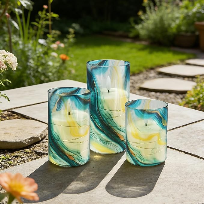 Flickering Flameless Candles, Recessed String Light LED Candles 3D Wick Acrylic Battery Operated LED Pillar Candles with Remote and Timer for Modern Simple Home Decor Set of 3(Marble Printed)