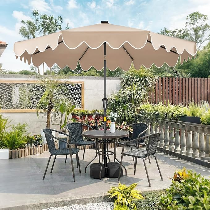 Tangkula 9 FT Solar Patio Umbrella with Base Included, 2-Tiers Outdoor Scalloped Table Umbrella with 32 LED Lights, 2 Sandbags, Tilt Adjustment, Crank, 8 Ribs for Market Backyard Pool Deck Beach Lawn