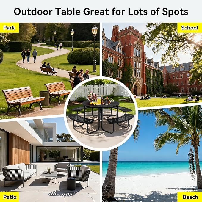 46" Round Heavy Duty Metal Picnic Table with Umbrella Hole, Portable Open Air Picnic Table for Outdoor Patio & Lawn Garden, Rustproof Commercial Grade (Black - Round)