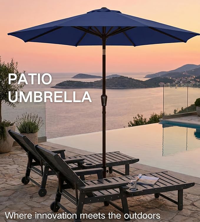 PatioKingdom 9FT Patio Outdoor Umbrella-UPF 50+ Sun Shade with Wind Vent, Push-Button Tilt & Smooth Crank Lift, Rust-Resistant Fiberglass Frame for Garden, Backyard,Yard (Navy)