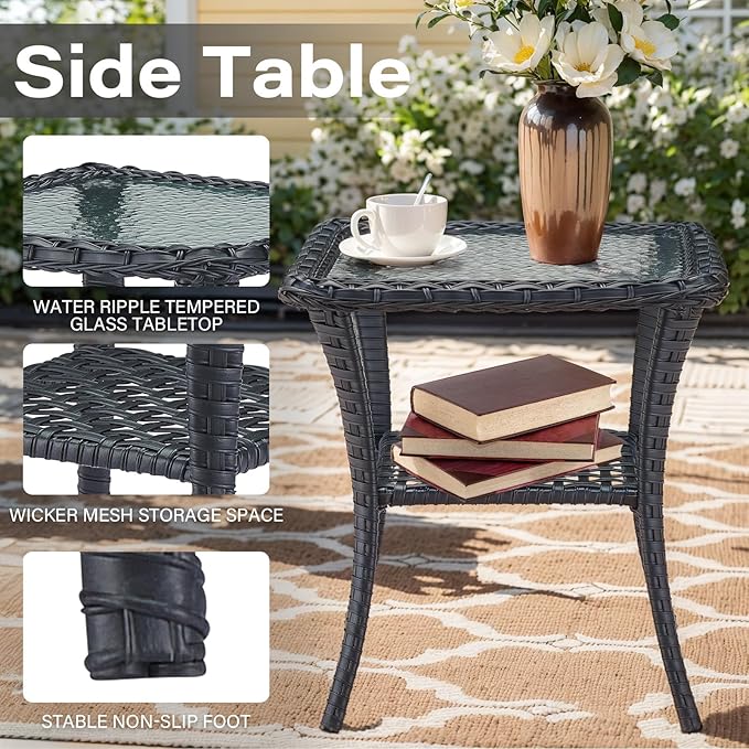 Belord 5 Pieces Wicker Patio Furniture Set - Swivel Rocker Outdoor Chairs with Ottomans and Side Table, Small Patio Conversation Set for Deck Porch Backyard Black