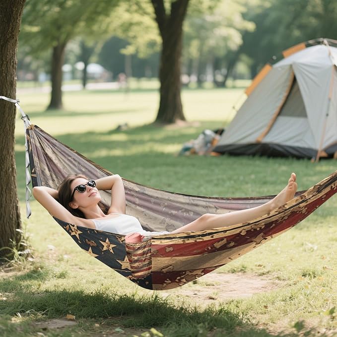 Gritty Military American Flag Outdoor Hammock with Tree Straps Cloth Hammock for Outside Patio Garden