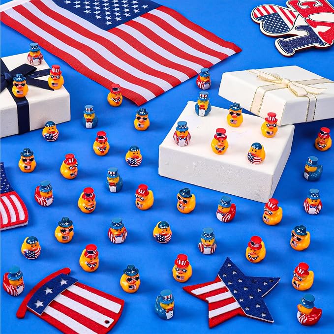 200 Pcs Patriotic Mini Resin Ducks 6 Style Bulk Tiny Duck Figurines 250th Anniversary Independence Day Decorations 4th of July Patriotic Ducks for Party Favors DIY Crafts and Desk Decor