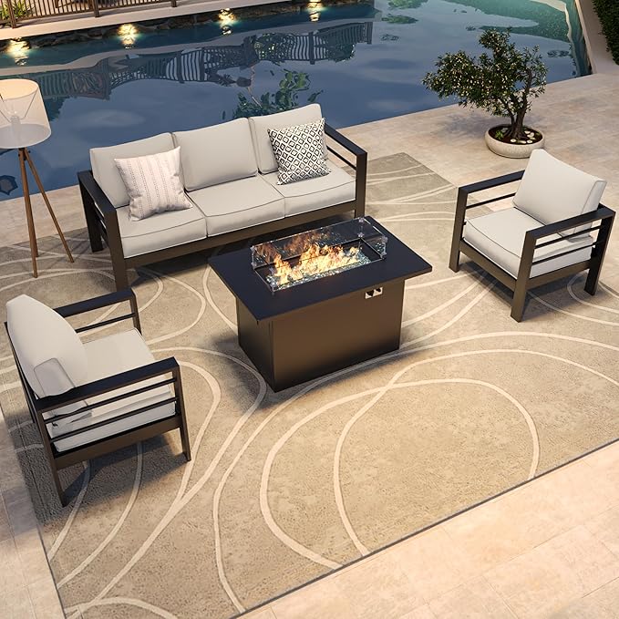 Amopatio Patio Furniture with Fire Pit, 6 Pcs Aluminum Outdoor Sectional Metal Patio Sofa Sets with Aluminum Fire Pit Table for Backyard(Included Waterproof Covers)