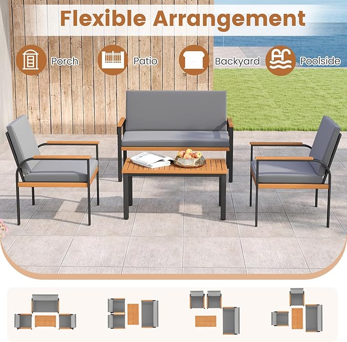 Tangkula 4 Pieces Patio Furniture Set, Outdoor Conversation Set with Acacia Wood Coffee Table, Cushioned Loveseat & 2 Single Armrest Chairs, for Porch, Garden, Backyard, Poolside