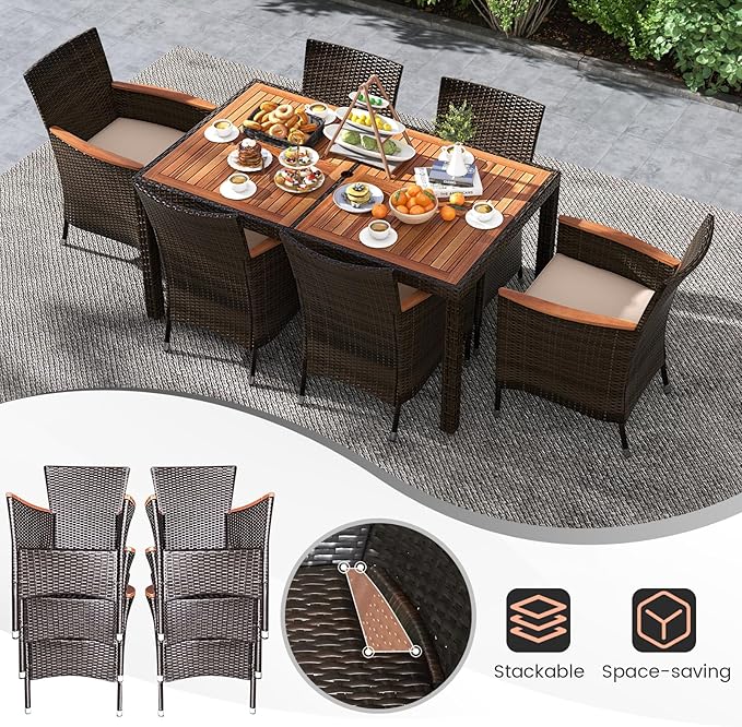 Tangkula 7 Pieces Outdoor Wicker Dining Set, Patio Dining Furniture Set with Acacia Wood Table and 6 Stackable Chairs, Outdoor Table and Chairs Set with 1.96” Umbrella Hole and Cushions