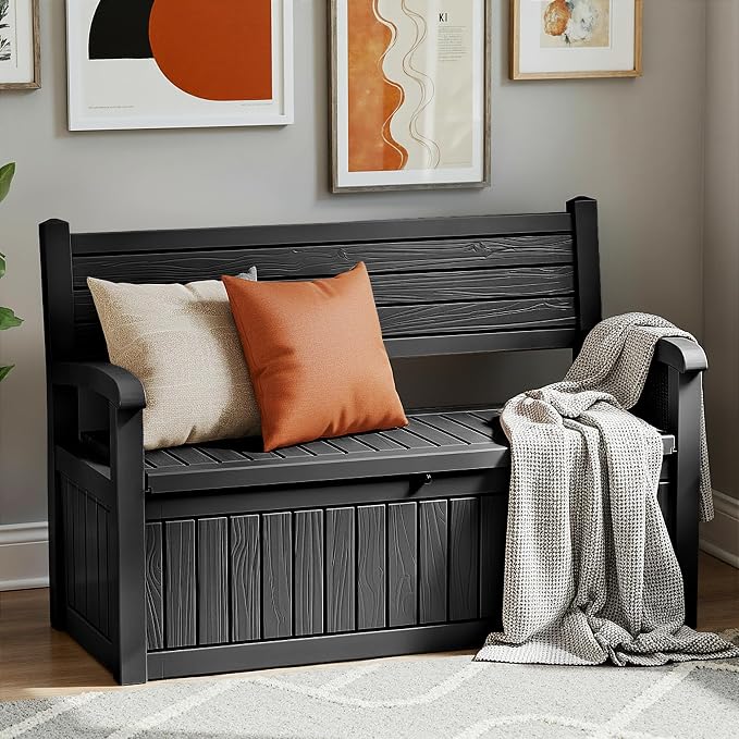 80 Gallon Outdoor Storage Bench Spacious Storage Box Waterproof Resin Deck Box Lockable for Patio, Garden, Living Room & Outdoor Spaces(Black)