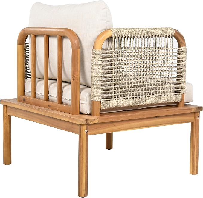 VilroCaz Outdoor 5-Piece Acacia Wood and Rope Patio Sofa Set, All-Weather Conversation Set with Coffee Table and Thick Cushions for Garden Backyard Balcony (Teak+Beige-5P)