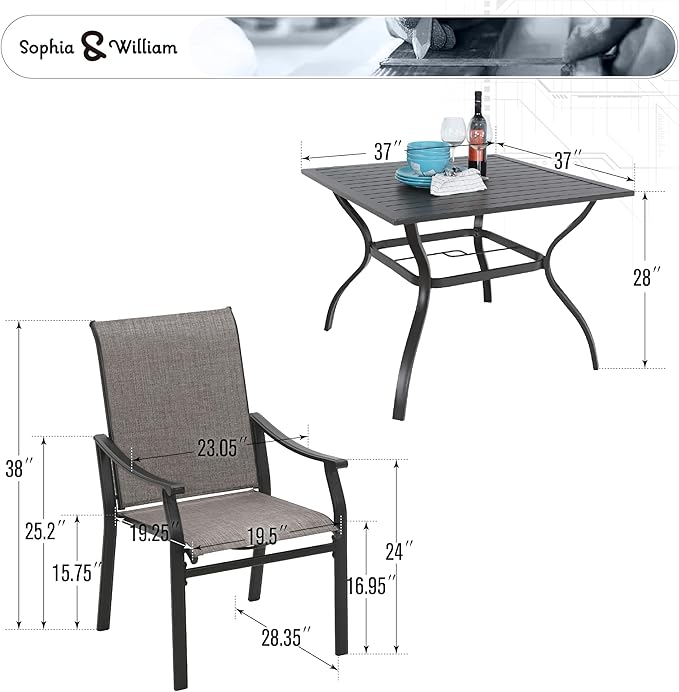 Sophia & William 5-Piece Outdoor Dining Set, 4 Comfortable Textilene Chairs and 37" Powder-Coated Outdoor Square Table, Durable All-Weather Patio Furniture for Lawn, Park, and Courtyard