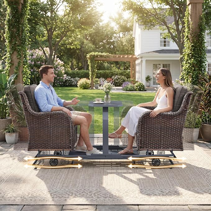 Rilyson Luxury Wicker Outdoor Conversation Set with Glider Rocker Chairs, 4 Pieces Patio Furniture Set with Rattan Swivel Rocker Chairs and Coffee Table All Weather Brown/Grey