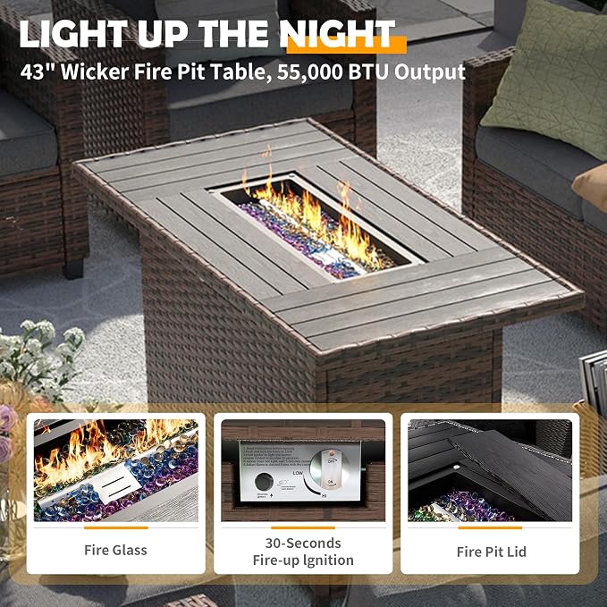 UDPATIO Patio Furniture Set with 44" Fire Pit Table, 8 Pieces Outdoor Sectional Conversation Sets, All-Weather Wicker Rattan Sofa Ottoman with 4" Thick Cushion for Garden Backyard Deck, Dark Grey