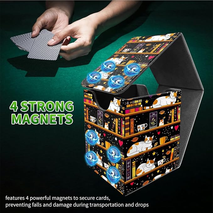 Deck Box for MTG, Cards Storage Box Fits 120+ Sleeved, Leather Medium Size Strong Magnetic Closing Card Case for Board Games Magic TCG CCG Baseball Collection, Black Book Cat