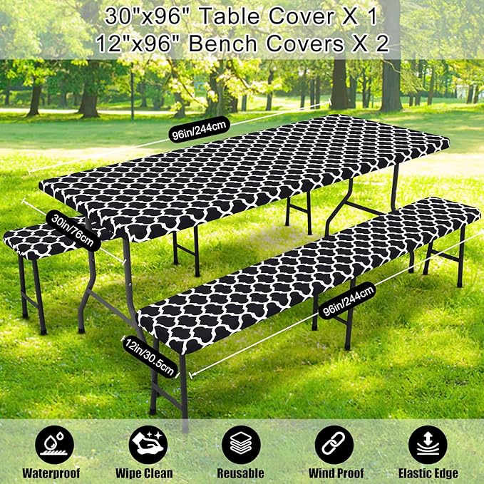 Smiry Picnic Table Cover with Bench Covers, Waterproof Elastic Fitted Tablecloth for 8 Foot Tables, Washable Polyester Tablecloths for Camping, Indoor & Outdoor (Black, 30x96 Inch 3-pc Set)