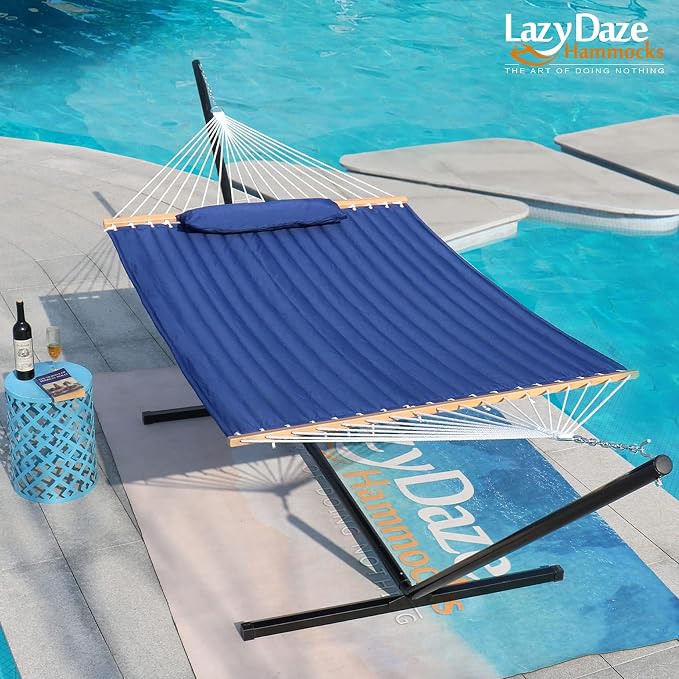Lazy Daze Quilted Fabric Hammock with 12-Foot Stand, Double 2-Person Hammock with Pillow for Outdoor Outside Patio, Garden, Backyard, 450LB Capacity, Navy Blue