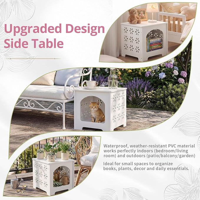 Outvita Side Table for Indoor & Outdoor, Square Modern Side Table with Storage Layer, Night Stand, Bedside Table, Tooless Assembly for Patio, Living Room, Bedroom