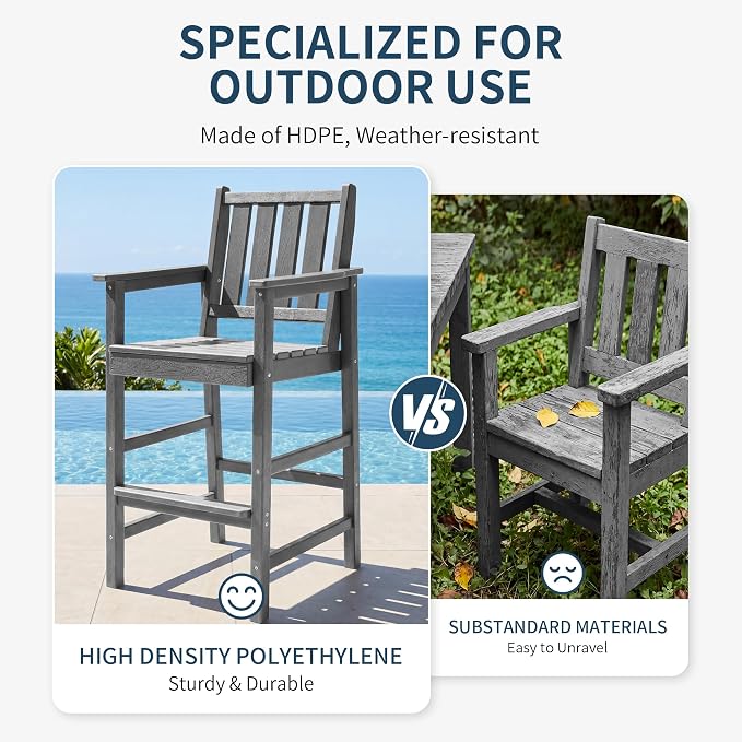 3-Piece Outdoor Bar Table and Chairs Set, HDPE Counter Height Patio Dining Sets, Adirondack Bar Height Chairs Set of 2 and Bar Table for Bistro, Poolside, Backyard, Grey