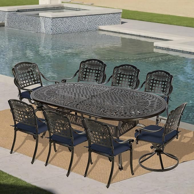 VIVIJASON 9-Piece Patio Furniture Dining Set, All-Weather Cast Aluminum Outdoor Conversation Set, Include 6 Stationary Chairs, 2 Swivel Dining Chairs, Oval Table with Umbrella Hole, Navy Blue Cushion