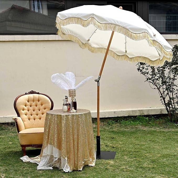 LAGarden Fringe Patio Umbrella with Carry Bag & Cover Vintage Wood for Event Outdoor Garden Yard Wedding Bistro Table