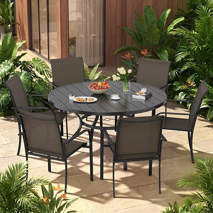 7-Piece Patio Dining Set,6 Person Outdoor Table and Chairs Set, 6 Metal Dining Chairs and Round Outdoor Table with 1.57" Umbrella Hole,Khaki