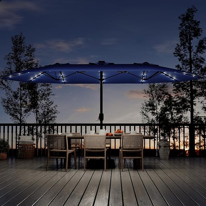 KYBOLT 15 Ft Large Patio Umbrella with Solar Lights, Outdoor Double-Sided Rectangle Umbrella with Base, Outdoor Umbrella for Backyard, Pool, Patio, Navy Blue