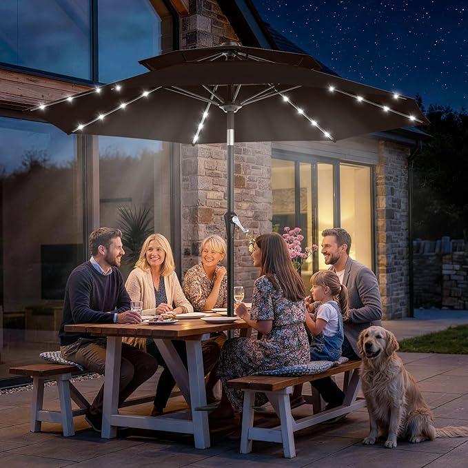 AreShark 9ft 3 Tiers Patio Umbrella with Solar Lights, Outdoor Umbrella w/ 32 LED Lights&8 Sturdy Ribs, Table Umbrella for Deck, Backyard, Pool (Dark Brown)