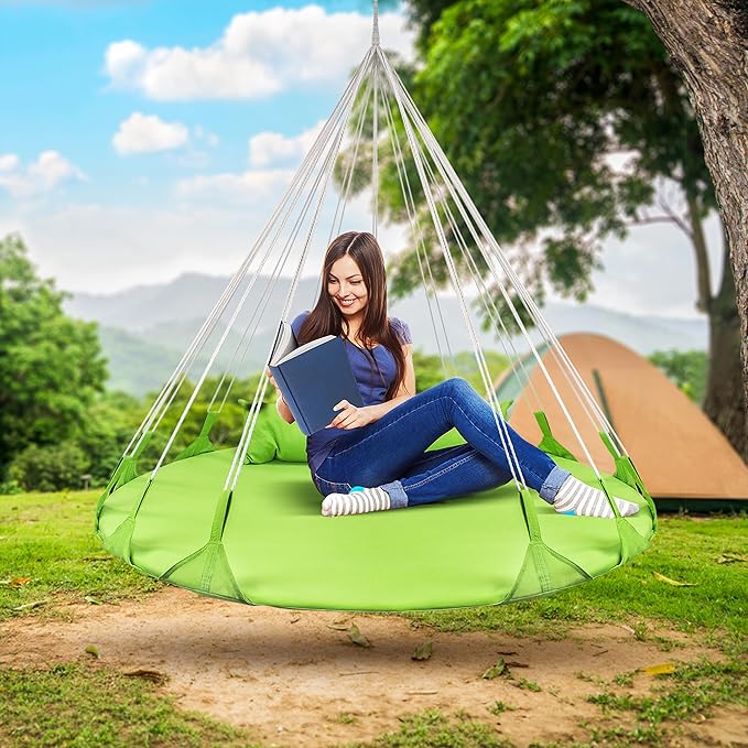 Sorbus 56" Stylish Hanging Swing Nest - Premium Cotton Double Hammock Daybed Saucer Swing Lounger - 264lbs Spinner Swing w/Pillow - Easy Setup Sturdy Tree Swing - for Indoor/Outdoor, Travel - Green