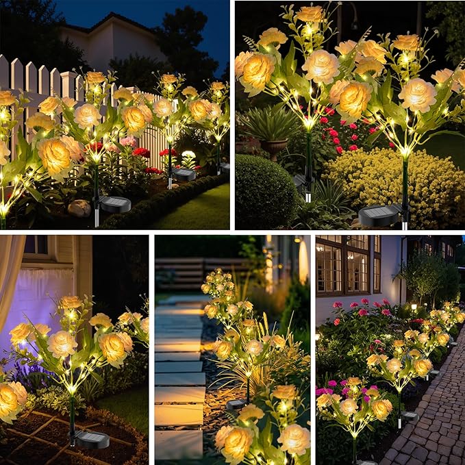 2 Pack Solar Garden Lights Outdoor, 42" Tall 42 LEDs Hibiscus Solar Flower Lights, IP65 Waterproof Decorative Landscape Lighting for Pathway Patio Yard Walkway Decor (Warm White)