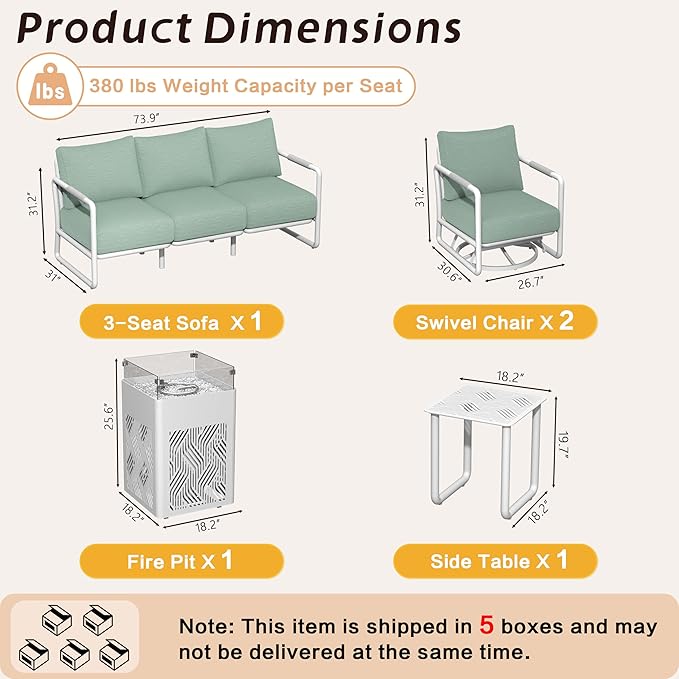 MBY Outdoor Aluminum Patio Furniture Set, 5-Seats Patio Conversation Sofa Set with 2 Swivel Rocking Chairs and 45,000 BTU Fire Pit Table w/Glass Wind Guard, All Weather for Balcony, Garden-White