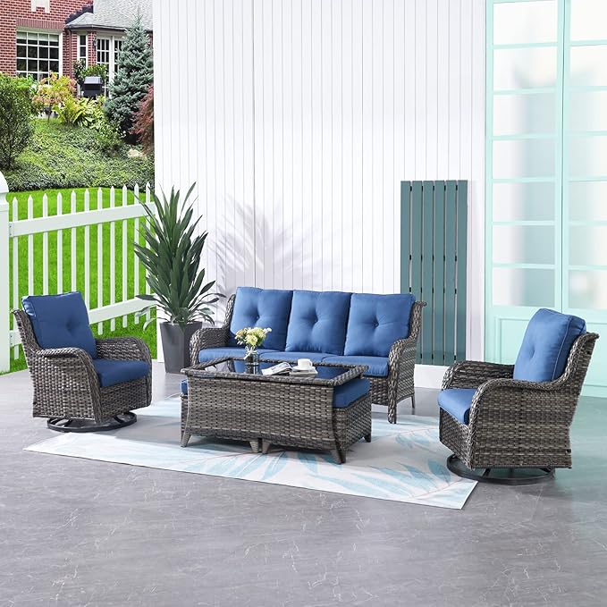 HUMMUH Patio Furniture 6 Pieces Outdoor Furniture Set Wicker Outdoor Sectional Sofa with Swivel Rocking Chairs,Patio Ottomans,Patio Coffee Table, Grey/Blue