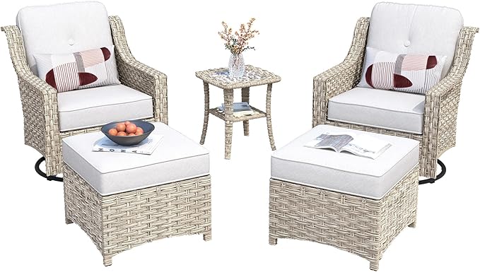 HOOOWOOO Patio Furniture Set,5 Pieces Wicker Outdoor Furniture,High Back Conversation Set with All Weather Resistant Swivel Chairs with Ottoman Side Table,Light Gray