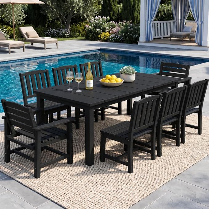 9-Piece HDPE Patio Dining Set for 8, 75.2" Table,Black | HDPE material, umbrella hole design, weather-resistant patio furniture, perfect for yard, lawn, garden, balcony, deck