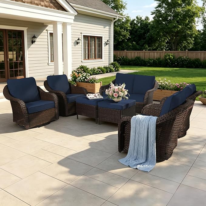 7 Piece Patio Wicker Conversation Set, All-Weather Use Outdoor Wicker Loveseat with 4 PE Rattan Ottomans,4 Swivel Chair, Ideal for Porch, Backyard, Balcony, Poolside, Blue