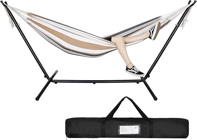 Double Hammock with 9FT Space Saving Steel Stand, 2-Person Portable Hammock with Stand for Outdoor Patio or Indoor, 330 Pounds Capacity, 6 Optional Hook Positions (Khaki)