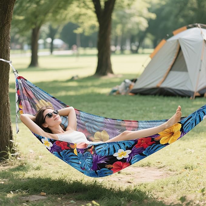 Camping Hammock Outdoor Hammocks for Outside Blue Leaf Hibiscus Flower Beach Trees Portable Lightweight with Pockets Tree Straps Indoor
