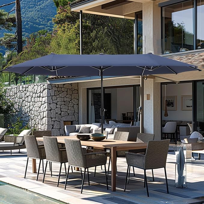 GREEN PARTY 13ft Rectangle Patio Umbrella, Double Sided Outdoor Table Umbrella with Crank & 1.5" Pole, Large Market Umbrella for Poolside Garden Deck Backyard, Navy Blue