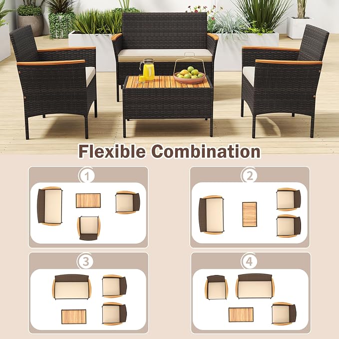 Tangkula 4 Pieces Patio Wicker Sofa Set, 2 Rattan Chairs & Loveseat w/Coffee Table, Acacia Wood Armrests & Tabletop, Outdoor Cushioned Conversation Set for Backyard, Poolside (Beige, 4 Pieces)