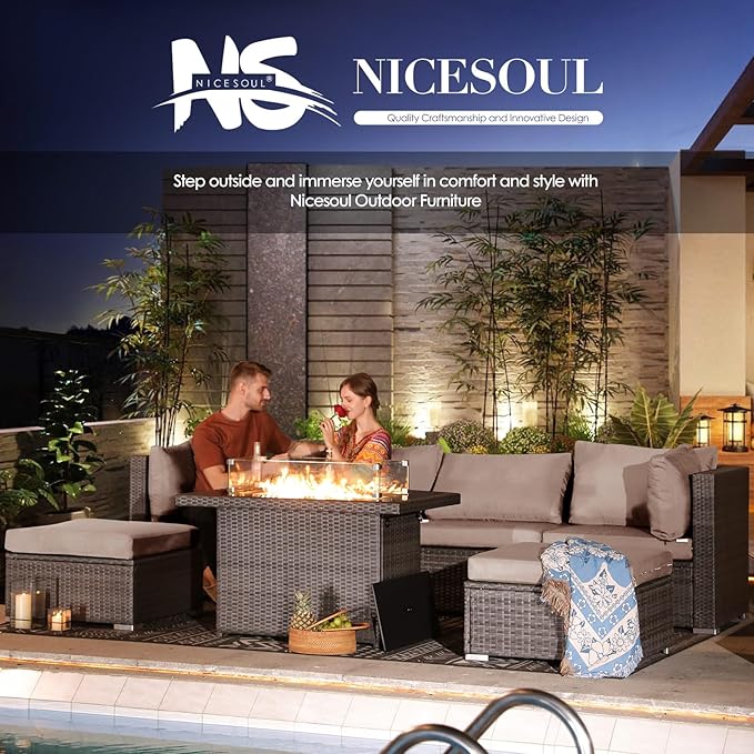 NICESOUL 11 Piece Outdoor Furniture Set with Fireplace, Luxury Big 10-Seats Patio Sectional, 29.3'' High-Back Backyard Seating Comfy, All-Weather Wicker Couch Sets for Outside, Deck, Light Grey