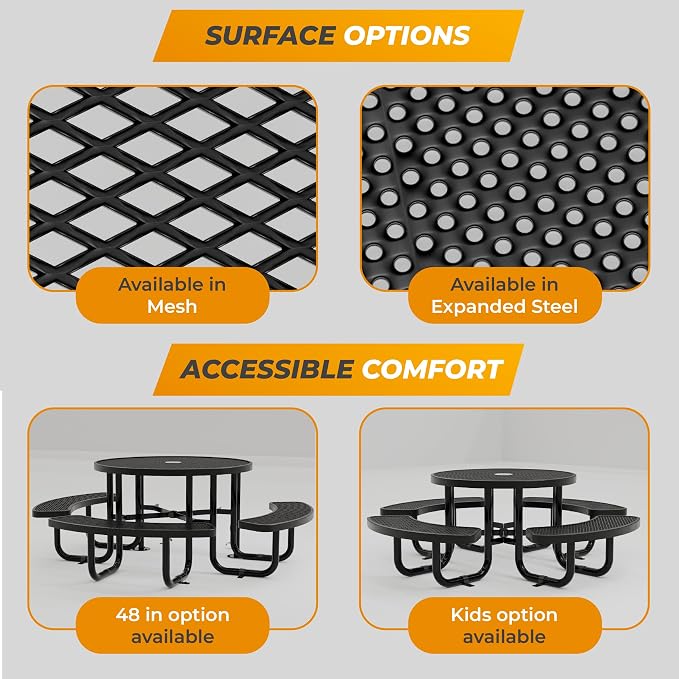 Round Metal Picnic Tables for Kids for Outdoors with Umbrella Hole, Adjustable Seats for School, Park, Playground(Blue, 38 in, Kids, Expanded Steel)