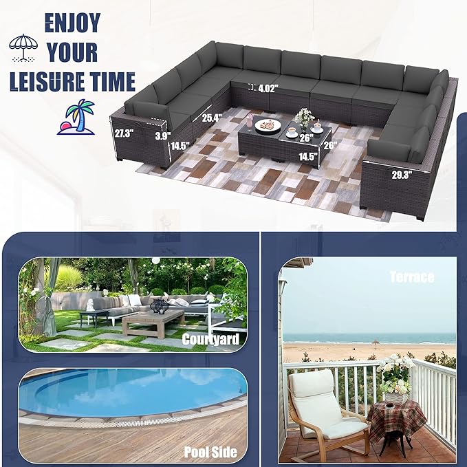 Patio Furniture Set 14-Piece Outdoor Furniture for Backyard Wicker Sectional Sofa Set, PE Rattan Patio Conversation Set 12 Seat with 4 Inch Thickened Cushions and Glass Coffee Tables, Grey