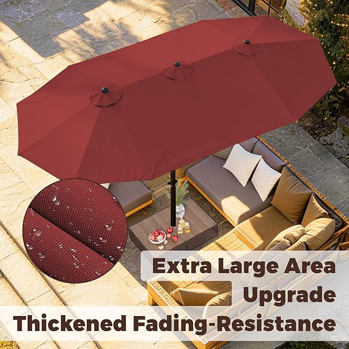 GDPFN 13FT Large Patio Umbrella, Outdoor Deck Standing Umbrella with Crank Handle, Double-Side Rectangular Pool Umbrella for Outside, Market, Patio, Burgundy (Base Not Include)