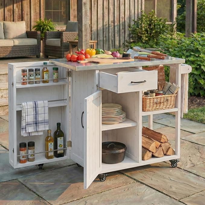 Outdoor Deck Box with Stainless Steel Worktop, White Fir Wood Patio Storage Cabinet for Garden Tools and Pool Accessories, Weather-Resistant Storage for Patio & Deck, 40.5 x 18.5 x 35.6 Inches, White