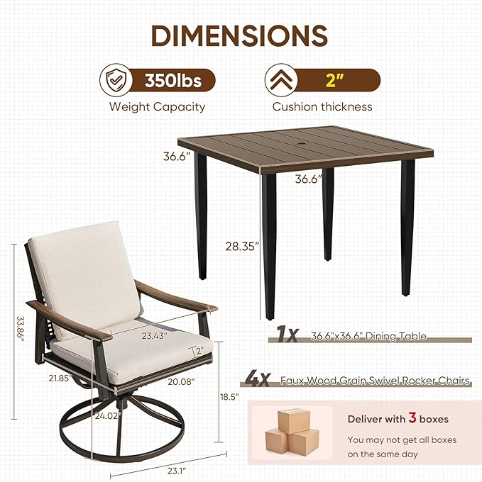NATURAL EXPRESSIONS Outdoor Dining Set,Patio Table and Chairs Set with 4 Rattan Wicker Swivel Chairs,5 Piece Patio Dining Set for 4,36.6" Woodgrain Table with 1.65" Umbrella Hole,Patio Sets for Yard