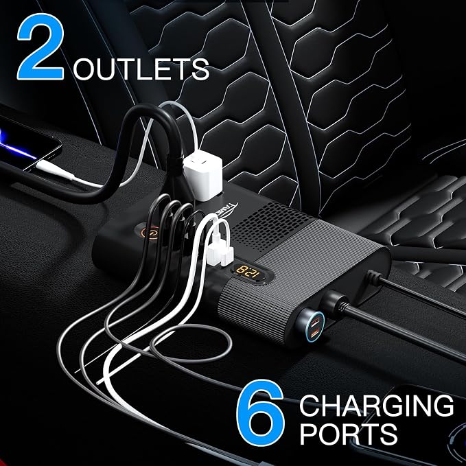 300W Car Power Inverter 12V to 110V, PD3.0 QC3.0 Fast Charging, 10-in-1 Ports Car Inverter, 3USB 1Type-C 2AC 2Cigarette Lighter, LED Display, Silent Fan, Multi-Protection for Car RV Camping Travel