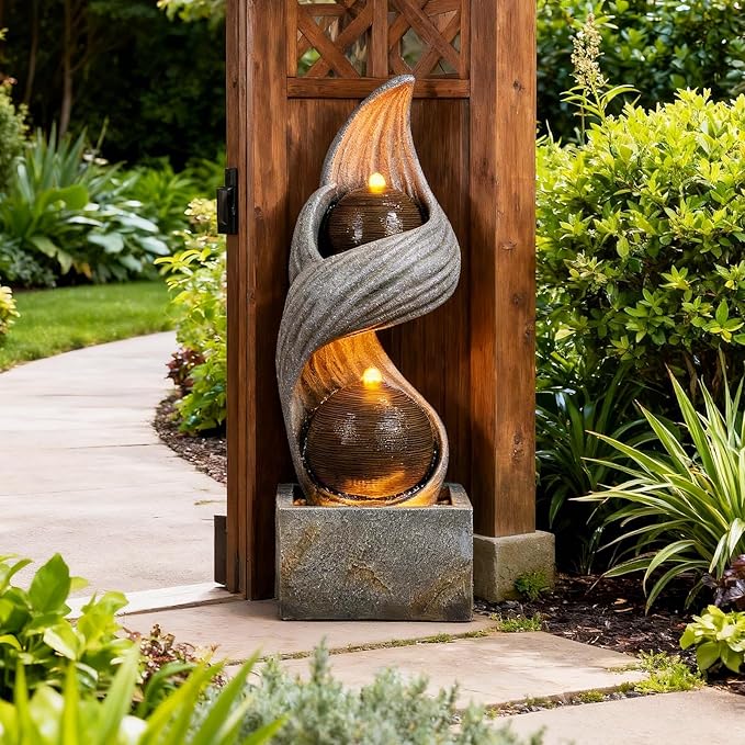42.9"H Large Indoor Water Fountains,Modern Spiral Water Fountain Outdoor with Dual Spheres Zen Water Feature Floor Fountain with Light LED Waterfall for Outside Deck, Patio, Porch, Garden, Yard Decor