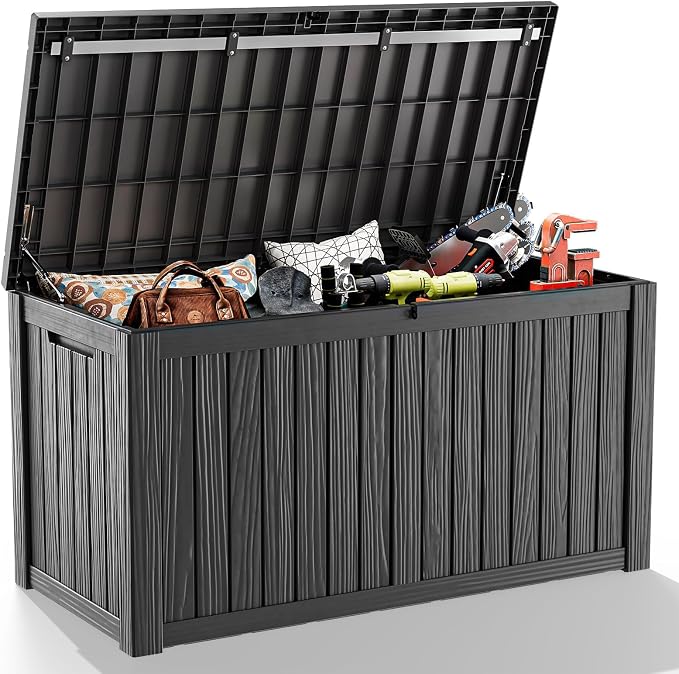 190 Gallon Waterproof Outdoor Storage Box, UV Resistant Resin Deck Box with Hydraulic Rod Lockable for Patio Furniture Garden Tools, Black