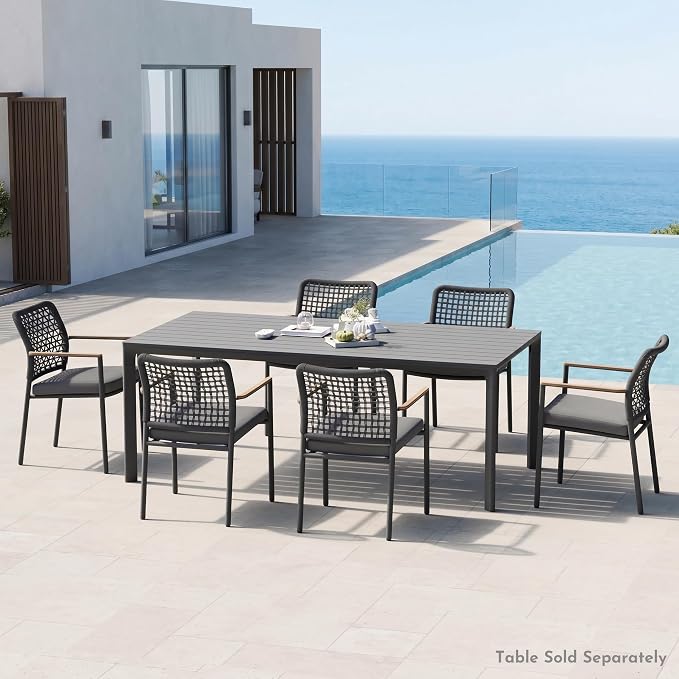 Modern Shade Riviera Outdoor Dining Chairs Set of 6, Fade Resistant, All-Aluminum Woven Rope Outdoor Chairs with FSC Teak Wood Armrests, Weather-Resistant Patio Chair with Quick Dry Cushion, Gray