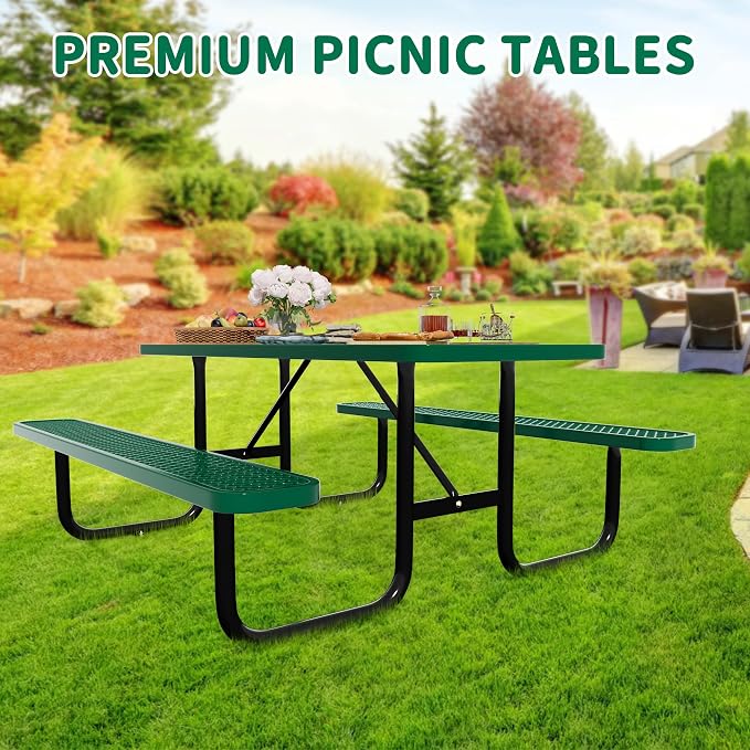 6FT Rectangular Metal Picnic Table for Outdoors, Commercial Steel Metal Picnic Tables, Heavy Duty Sturdy Picnic Tables Furniture Set for Patio Garden Courtyard BBQ, with Umbrella Hole, Green