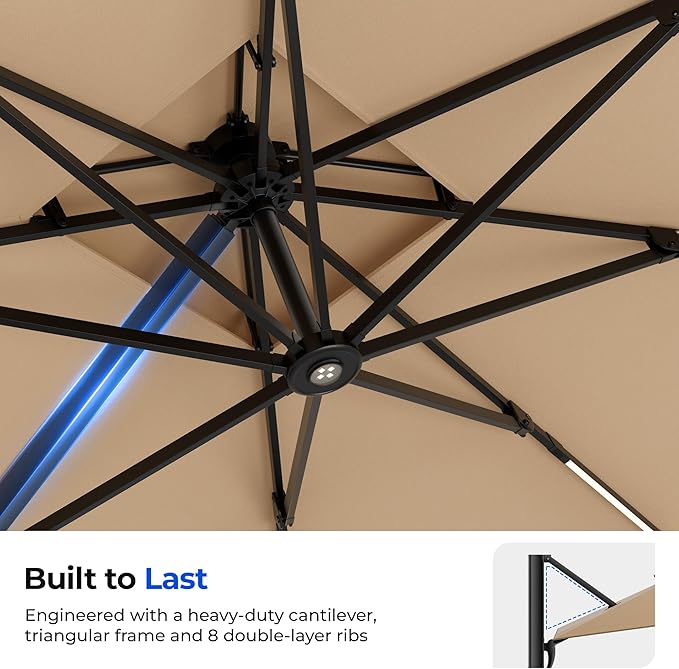 HOMSHADE 10 ft Square Cantilever Patio Umbrella with Base Included, Solar Lights Large Umbrella Outdoor Patio with 360°Rotation&Tilting, LED Lighted Offset Umbrellas w/Stand for Pool Deck